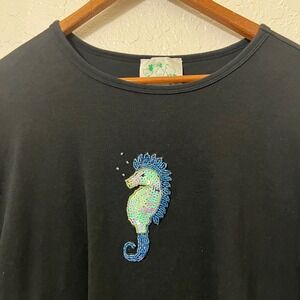 The Quacker Factory Womens Black Short Sleeve Top Sequin Seahorse Embellished 2X